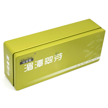 綠茶扣肩長(zhǎng)方形精致鐵盒包裝_通用茶葉鐵盒鐵罐廠家定制